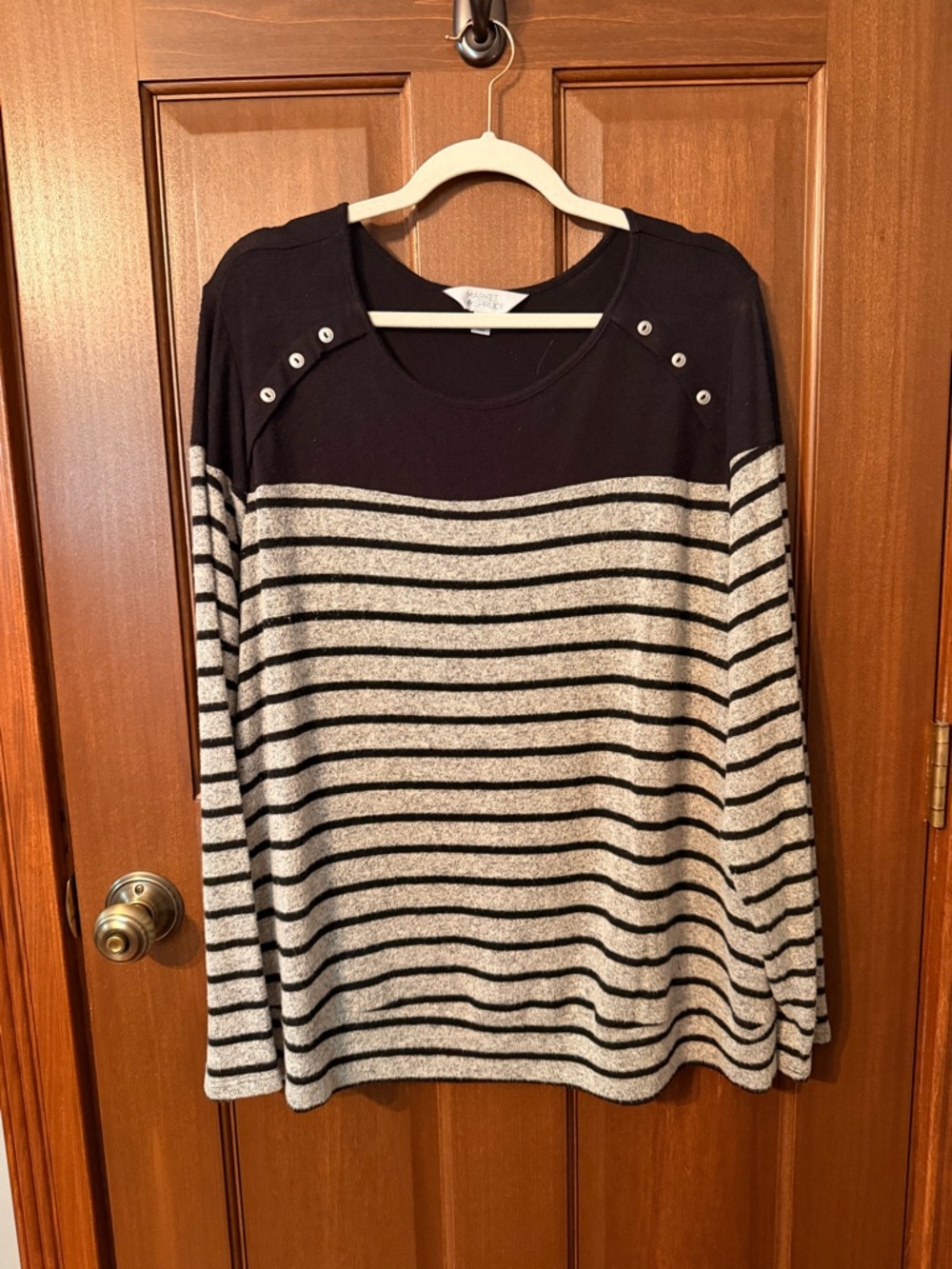 Market & Spruce Black and Gray Striped Long-Sleeve Top with Shoulder Buttons